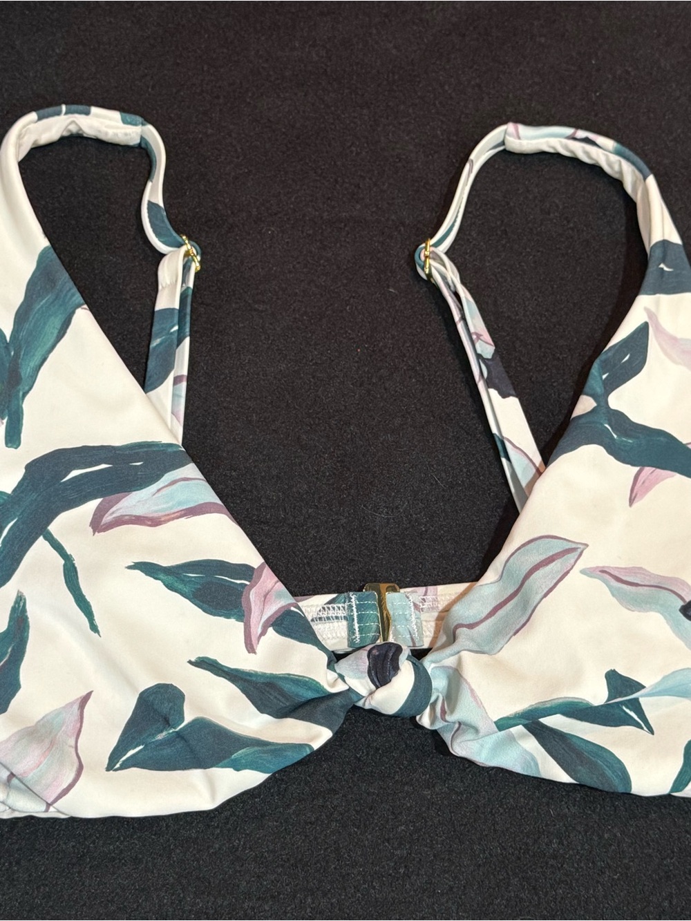Tory Burch Cream Floral Knot Bikini Top with Green and Mauve Leaves